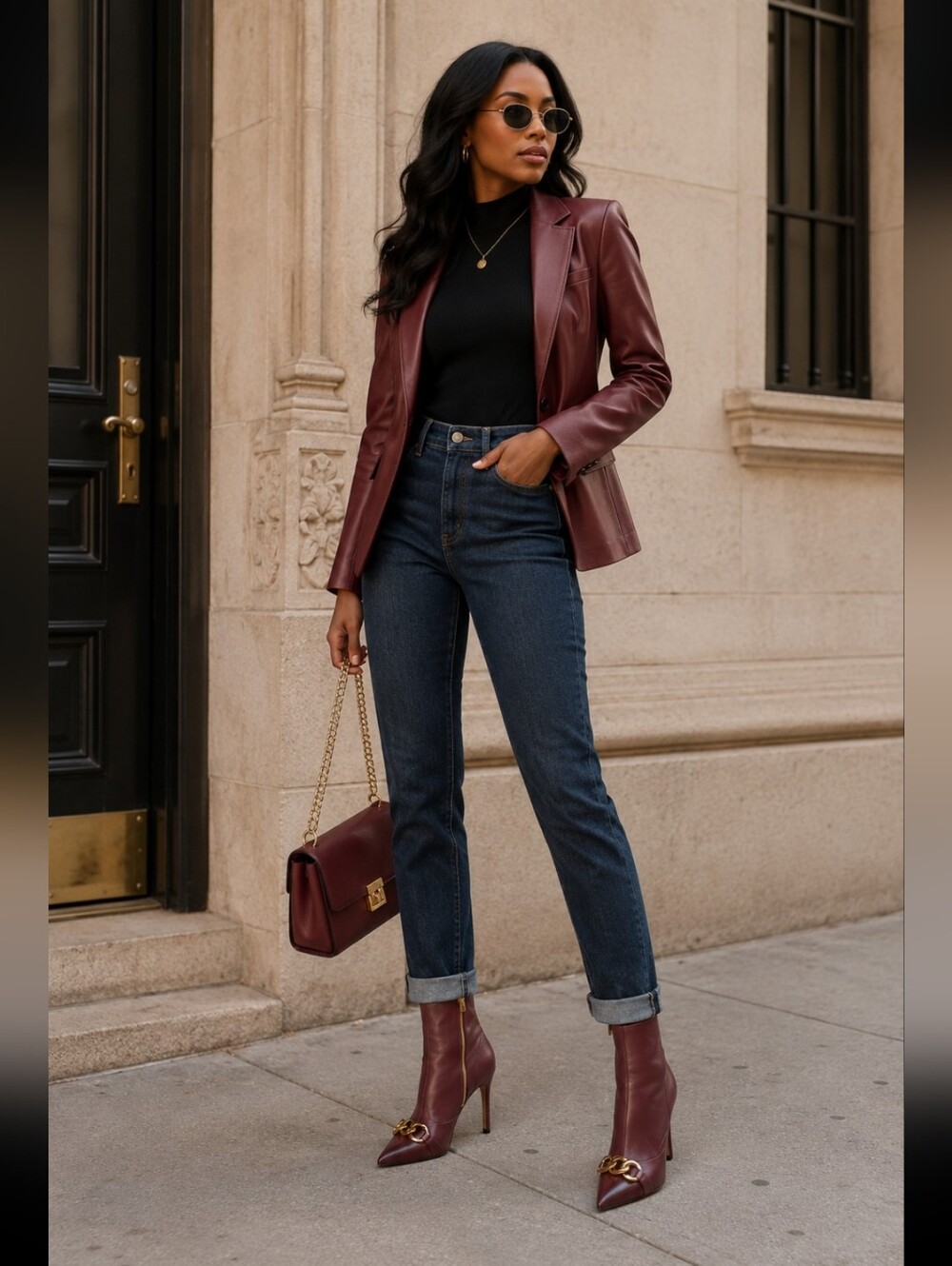 Michael Kors Burgundy Heeled Boots with‎ Gold Chain